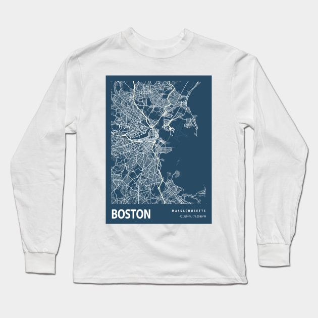 Boston Blueprint Street Map, Boston Colour Map Prints Long Sleeve T-Shirt by tienstencil